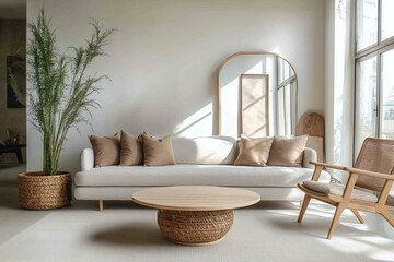 Minimalist, modern japandi interiors in apartment living rooms with mirrors and sofas and wooden tables. Genetic AI
