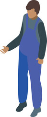 Young mechanic wearing blue overalls standing isometrically