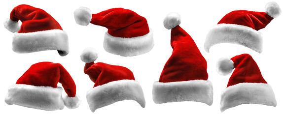 Set of isolated red Santa Claus hats. Collection of bright contrasting hats