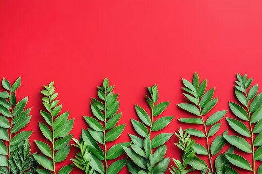 Vivid green foliage on bold red backdrop