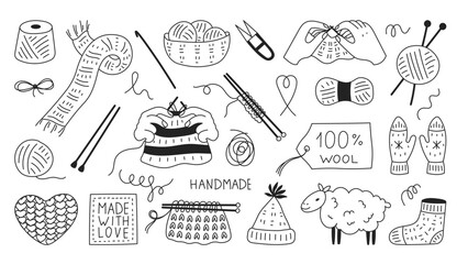 Knitting Doodle Icons Set. Hand drawn vector needlecraft tools and materials. Outline knitwear hand gesture skein yarn balls scissors crotchet