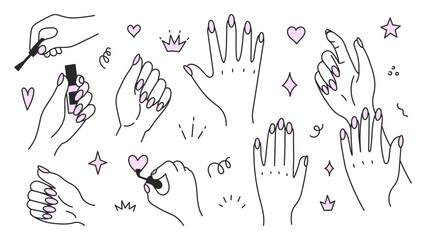 Hand Gestures with Polished Nails Set. Hand-drawn collection of manicure poses with stars sparkles hearts doodle scribble elements. Vector illustration