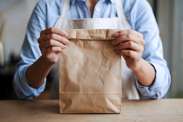 Woman holding brown paper bag, blue shirt, and white apron, blurred background. - Powered by Adobe