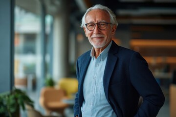 Senior businessman with glasses and a suit standing confidently in a modern office space, smiling at the camera.