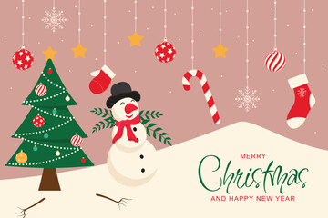 Christmas background with hanging ornaments and Christmas tree illustration