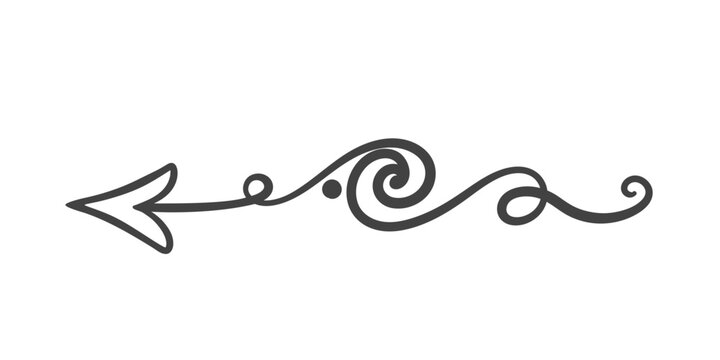 Cupids arrow with heart tip curling up line icon. Outline retro elegant curls and swirls on arrow, hand drawn vintage element. Valentine Day card mascot, ornate scroll divider icon vector illustration