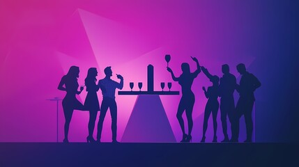 Silhouettes of diverse party-goers enjoying drinks against a vibrant purple backdrop.