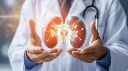 doctor in a white coat holding kidney organ, chronic kidney disease, renal failure, dialysis, Health checkup concept.