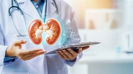 doctor in a white coat holding kidney organ, chronic kidney disease, renal failure, dialysis, Health checkup concept.