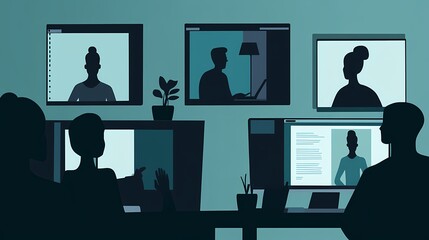 Group video call featuring diverse participants in a modern workspace.