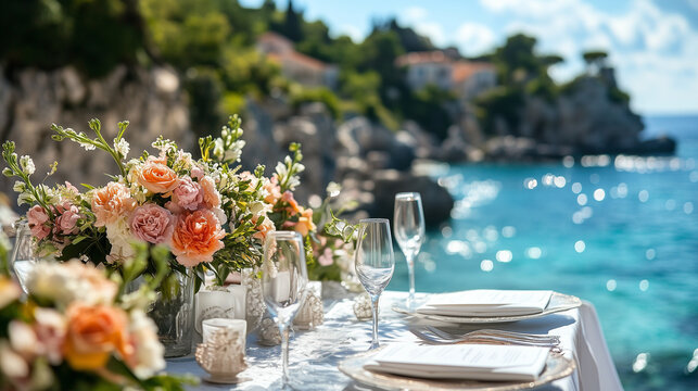 Elegant outdoor wedding table setting by the sea with floral arrangements.