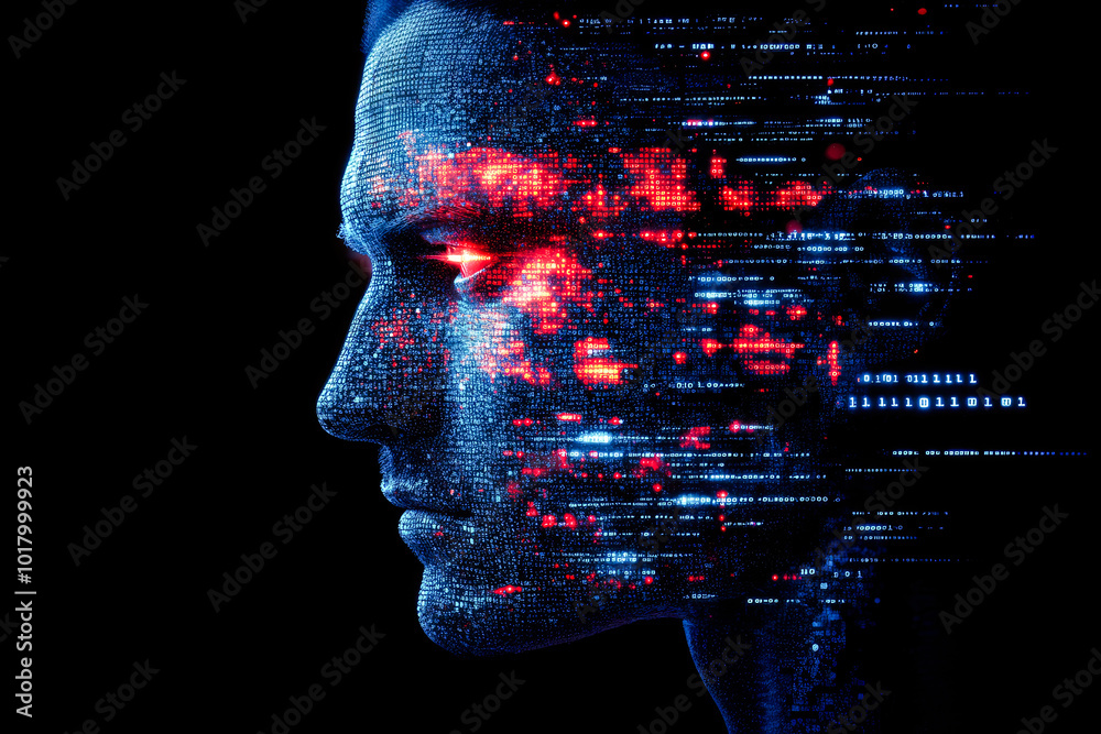 Poster a digital profile of a face composed of binary digits, signifying the intersection of human identity