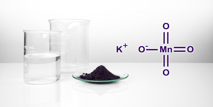 Potassium permanganate (KMnO4) with chemical structure, a common chemical compound that combines manganese oxide ore with potassium hydroxide.