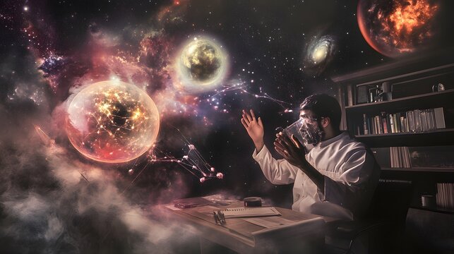 A man in a lab coat interacts with a virtual reality simulation of space. - Powered by Adobe