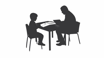 Fototapeta premium Silhouette of a man and child studying together at a table.