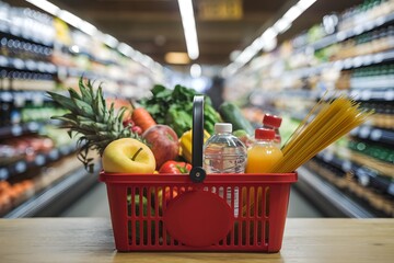 Red shopping basket with produce on wooden surface, grocery store aisle behind.