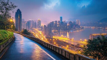 Fototapeta premium Asphalt road square and city skyline with modern buildings scenery at sunset