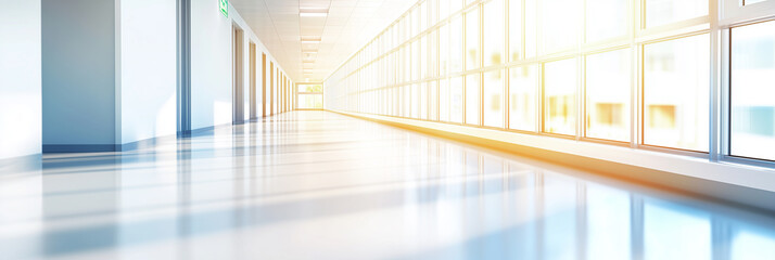 Obraz premium A bright, modern corridor with large windows allowing natural light to flood in. The floor is shiny and reflects the light, creating a spacious and inviting atmosphere.