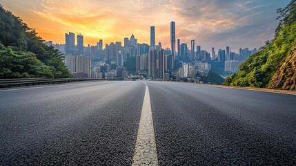Obraz premium Asphalt road square and city skyline with modern buildings scenery at sunset