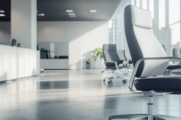 A modern office interior featuring a sleek, ergonomic grey office chairs in the foreground. spacious, well-lit office with large windows, minimalist furniture, professional atmosphere