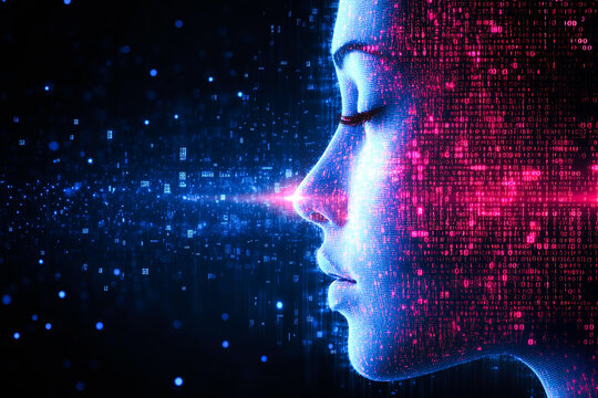 A side portrait of a digital face is saturated with binary code in blue and pink hues, reflecting digital and dynamic themes.