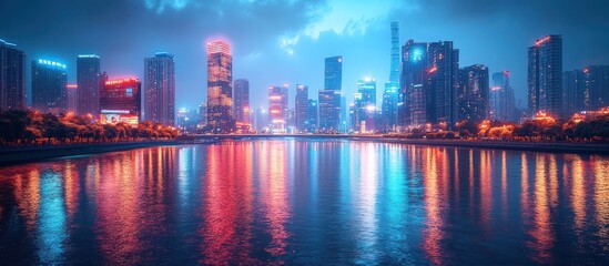 Fototapeta premium Night cityscape with colorful reflections in water.