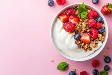 Healthy yogurt breakfast bowl with fresh berries granola on pink