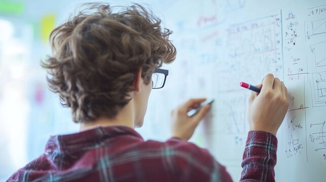 Back view of high school student solving math problem on whiteboard in classroom. Young man writing math solution on white board using marker. College guy solving math expression during lesson.