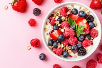 Fresh berry yogurt bowl with granola on pink background