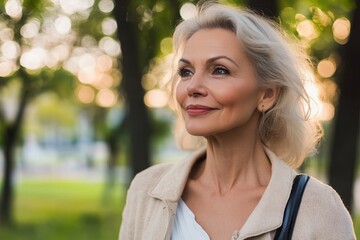 Obraz premium Graceful Silver-Haired Woman Enjoys a Tranquil Autumn Afternoon, Smiling Amidst the Sunlit Trees