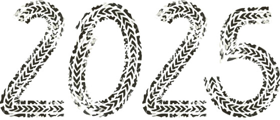  Happy New Year 2025 Grunge Tyre track Black and white. Urban Vector Texture Template. Dark Messy Dust Overlay Distress Background. Scratchedg