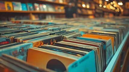 A close-up of vinyl records on display in an old record store, focusing on the colorful album covers and spines with visible artist names