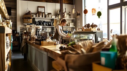 A young woman working behind the counter in a cozy cafe.