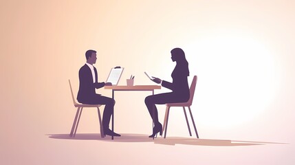 A man and woman engaged in a professional meeting at a table.