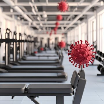 Pathogens in unclean public gyms, biohazard, 3D illustration
