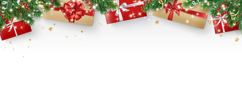 Holiday border isolated on white background. Presents and fir-tree branches. Red and brown gift boxes with ribbons. Glowing Christmas lights. For New year banners, gift certificates, social media.