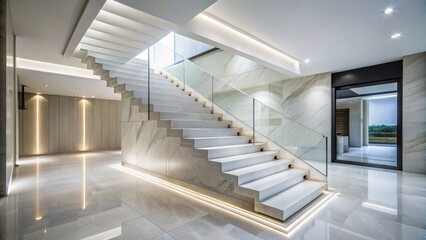 Obraz premium The modern white marble staircase seamlessly integrates into the contemporary home design, creating stunning contrasts and inviting urban exploration