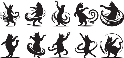 A silhouette of a cat spinning with a paw out as if holding an invisible partner vector style