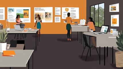 A vibrant office setting with diverse women collaborating on projects.