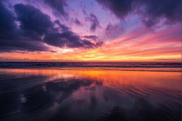 Vibrant Sunset Over Ocean with Dramatic Clouds
