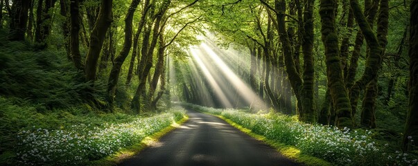 Obraz premium A serene forest path illuminated by sunlight filtering through lush green trees, creating a peaceful and inviting atmosphere.