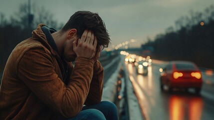 Man sitting near his broken car with raised hood on rural road, calling for roadside assistance. Concept of car trouble and frustration.
