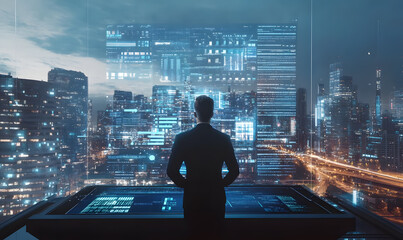 Fototapeta premium Futuristic Business Collaboration: AI-Driven Strategies, Augmented Reality Insights, Virtual Reality Simulations, and Holographic Financial Data for Smart Office Innovation
