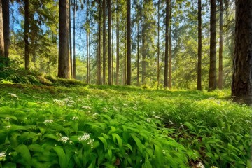 Sunlight Streaming Through Forest Trees and Lush Ferns