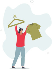 buying recycle clothes to prevent environmental pollution..caring and responsible character.flat design with people.