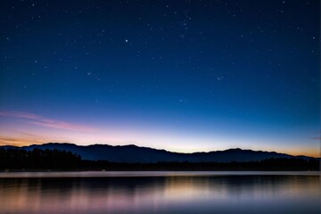 Starry Night Sky Over Calm Lake at Twilight