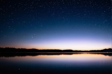 Starry Night Sky Over Calm Lake at Twilight