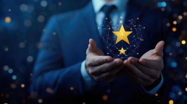 concept of providing a five-star premium service. businessman showing award High standards are guaranteed, service quality, business success, work efficiency, top quality assurance five stars.