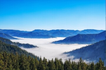 Obraz premium Misty Valley Surrounded by Majestic Mountain Peaks