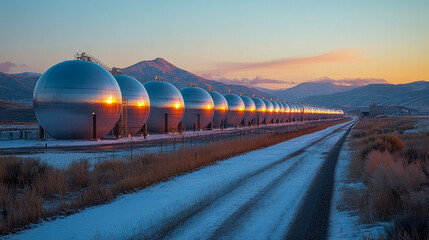 Spherical storage tanks at a natural gas facility are illuminated by the setting sun